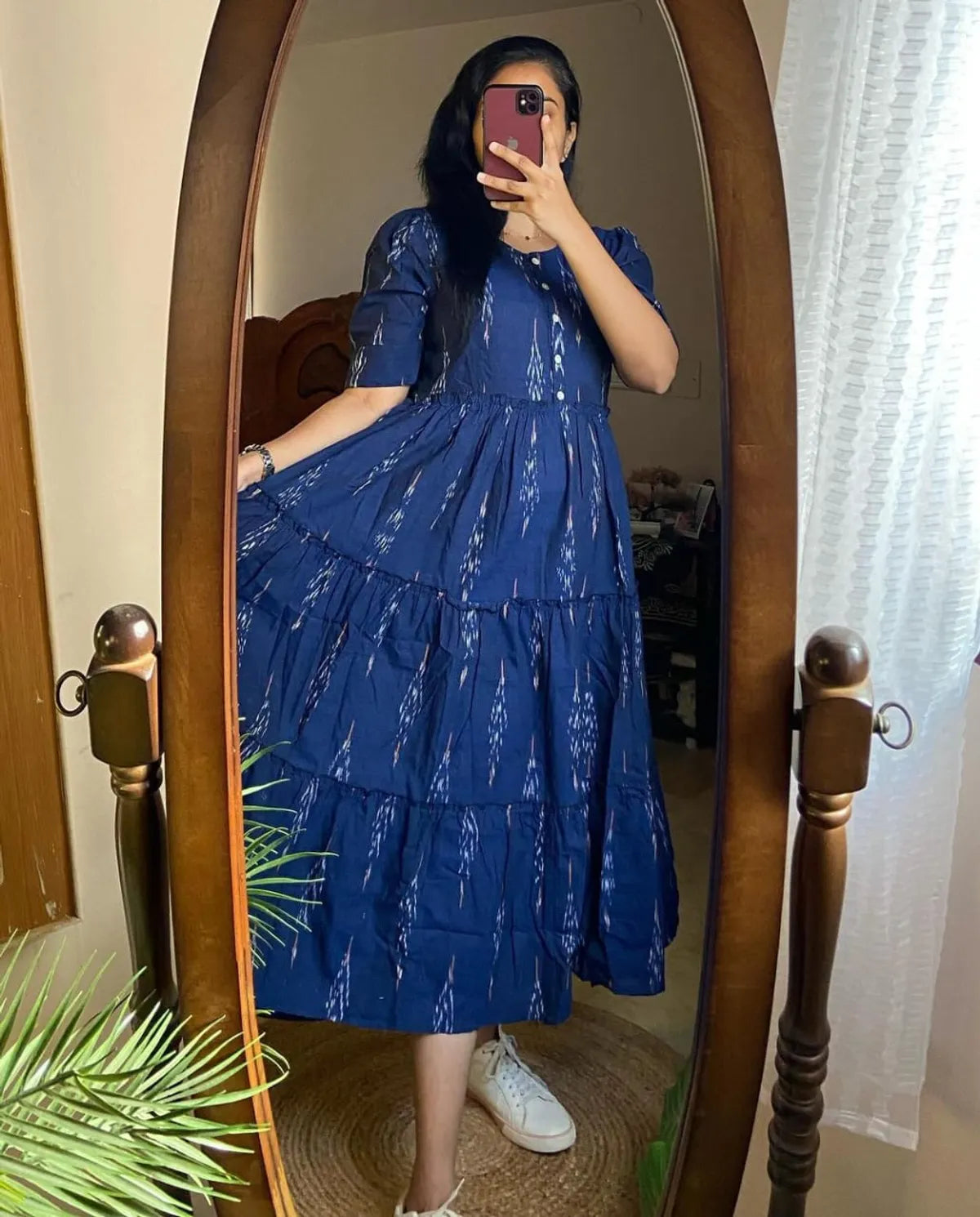 Biba Kurta Blue Ikat Cotton Flair Middy Gown For Women