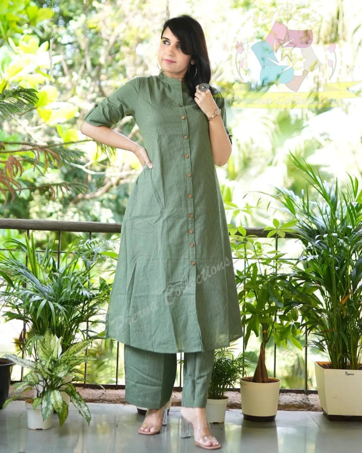 Biba Kurta Olive Green Co-Ord Set In A-Line Kurta And Pant Set