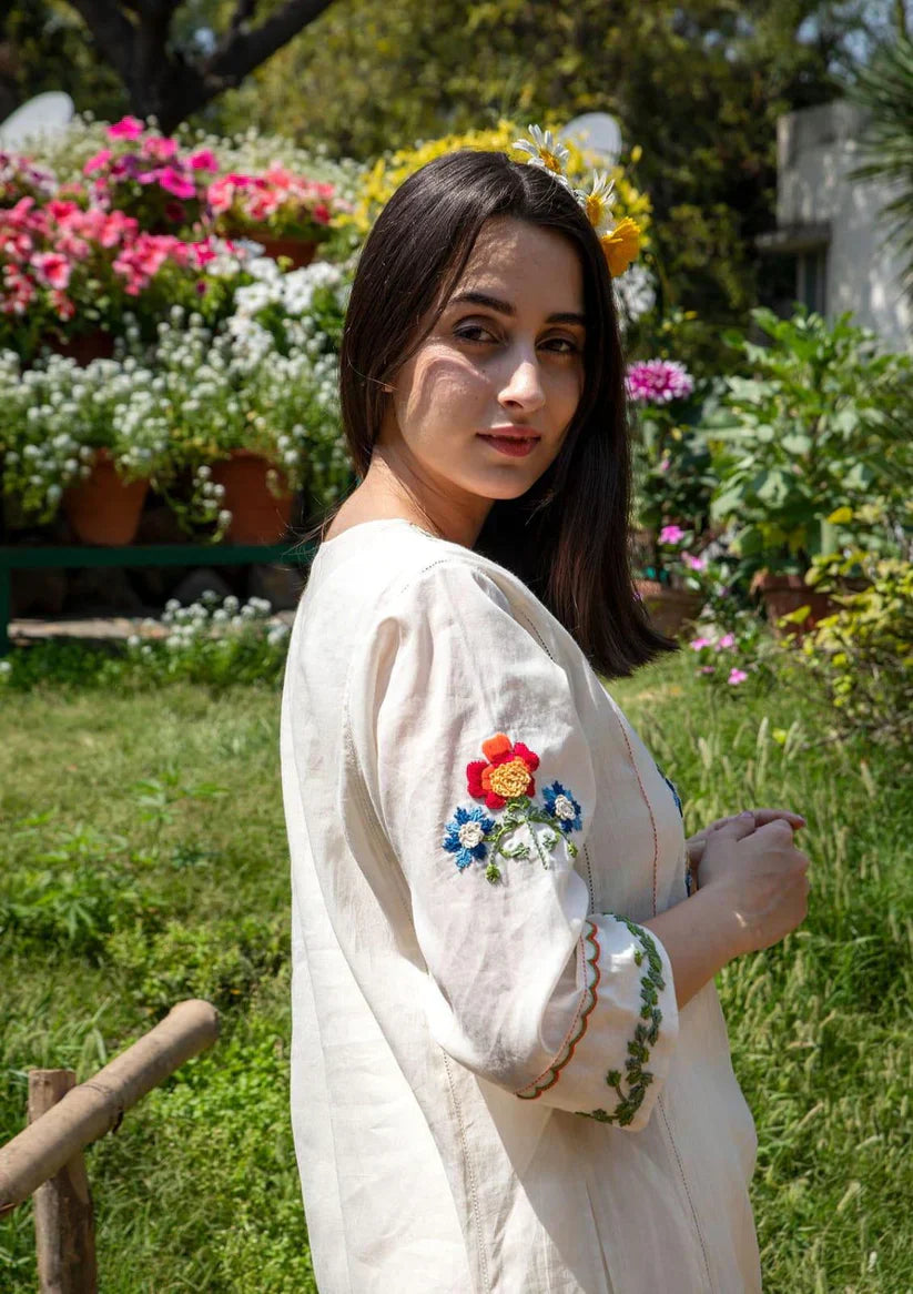Biba Off White Embroidered Cotton Kurta And Pant Set