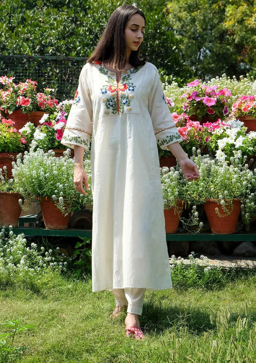 Biba Off White Embroidered Cotton Kurta And Pant Set