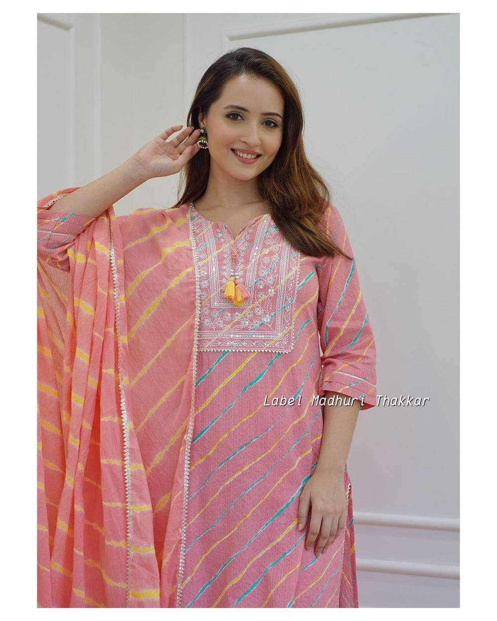 Biba Pink Leheriya Cotton Blend Embroidered Suit Set For Women