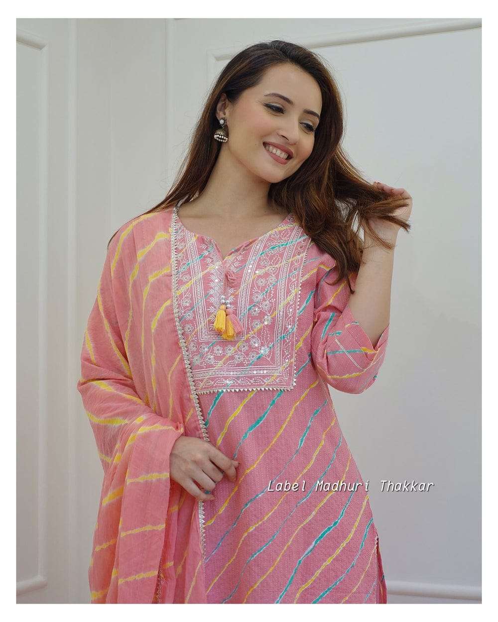 Biba Pink Leheriya Cotton Blend Embroidered Suit Set For Women