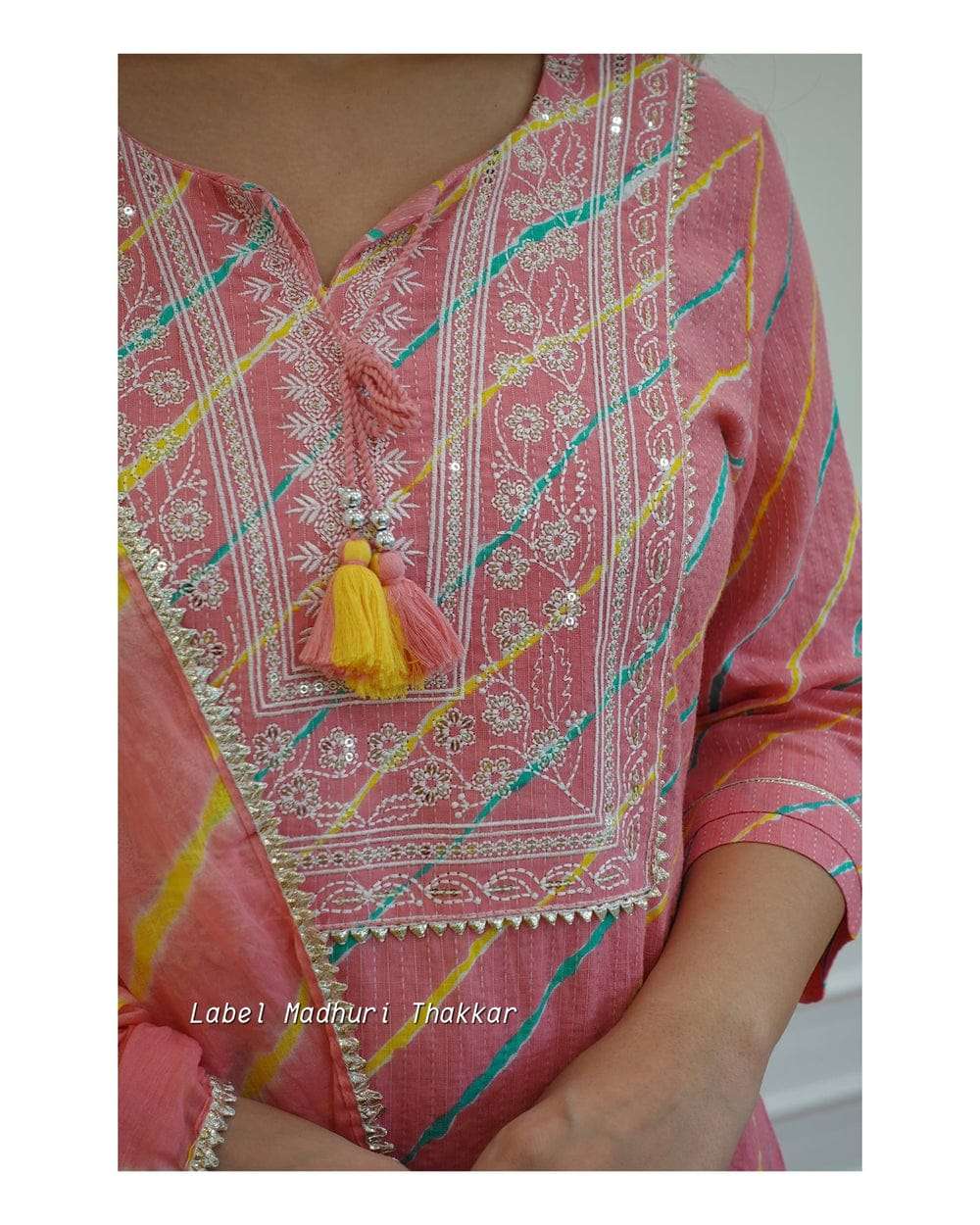 Biba Pink Leheriya Cotton Blend Embroidered Suit Set For Women