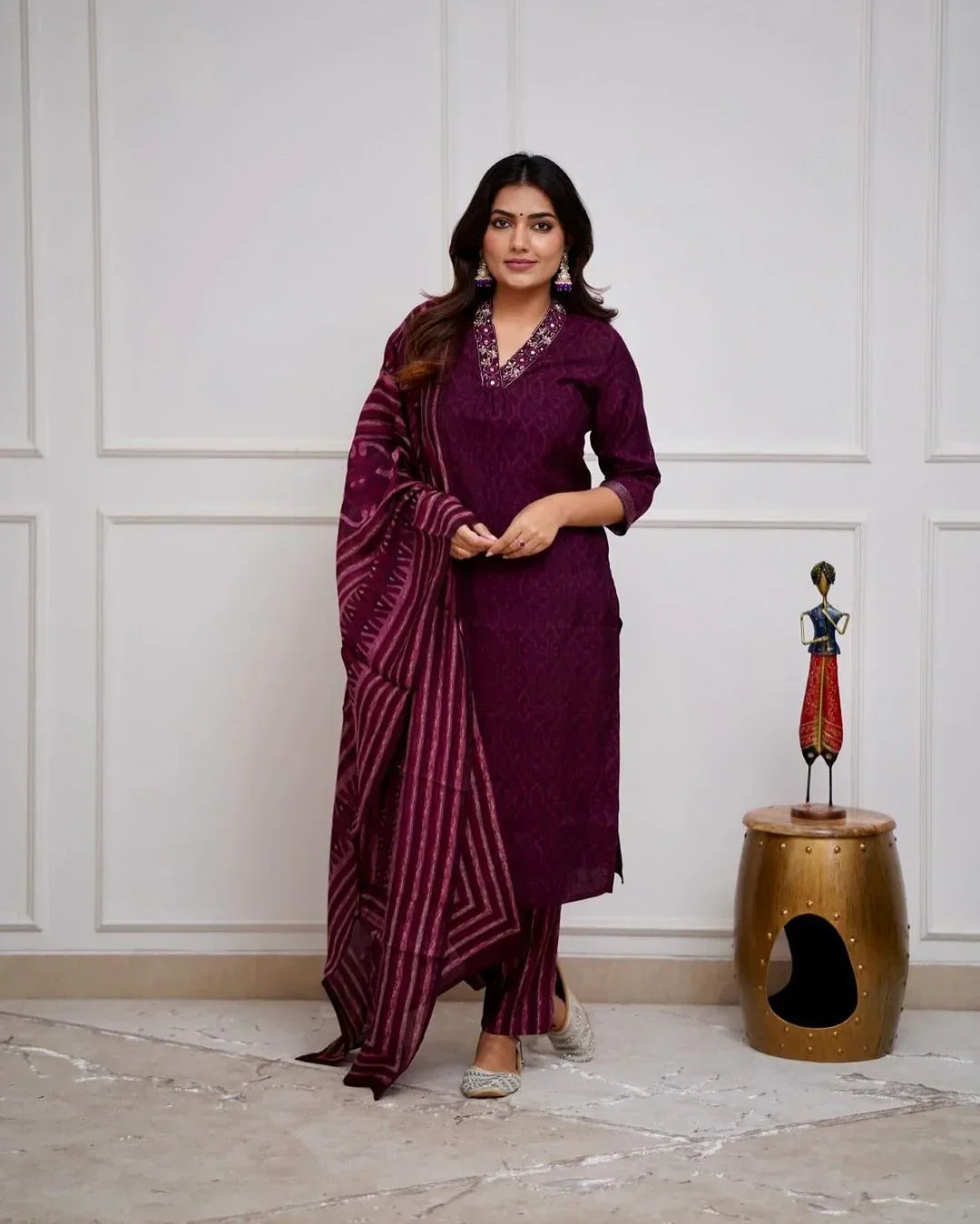 Biba Wine Cotton Kurta With Pant & Dupatta Set For Women