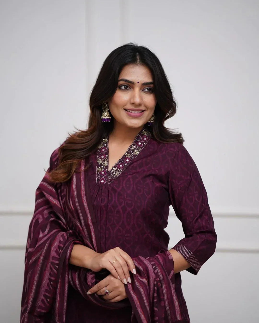 Biba Wine Cotton Kurta With Pant & Dupatta Set For Women