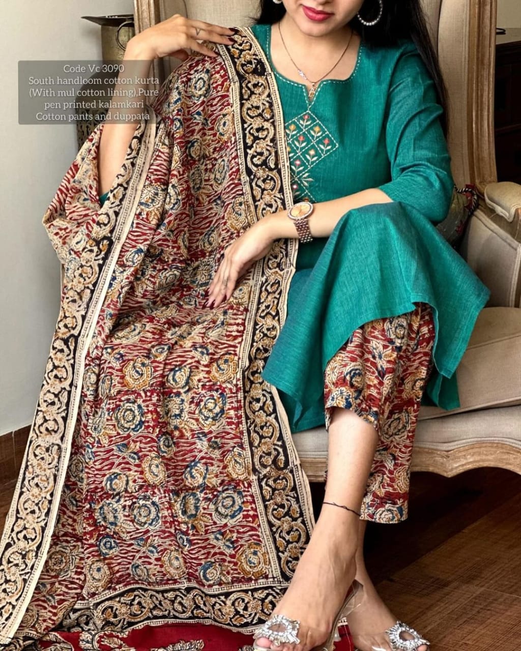Biba Pure Handloom South Cotton Hand Printed Chitrkari Dupatta And Pant