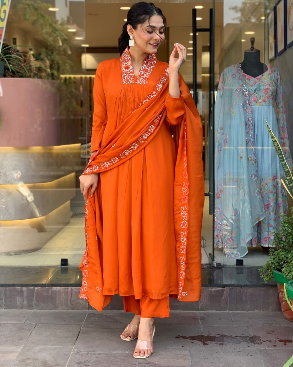 Biba Beautiful Cotton Fabric Kurti Pant With Malmal Dupatta(Orange)