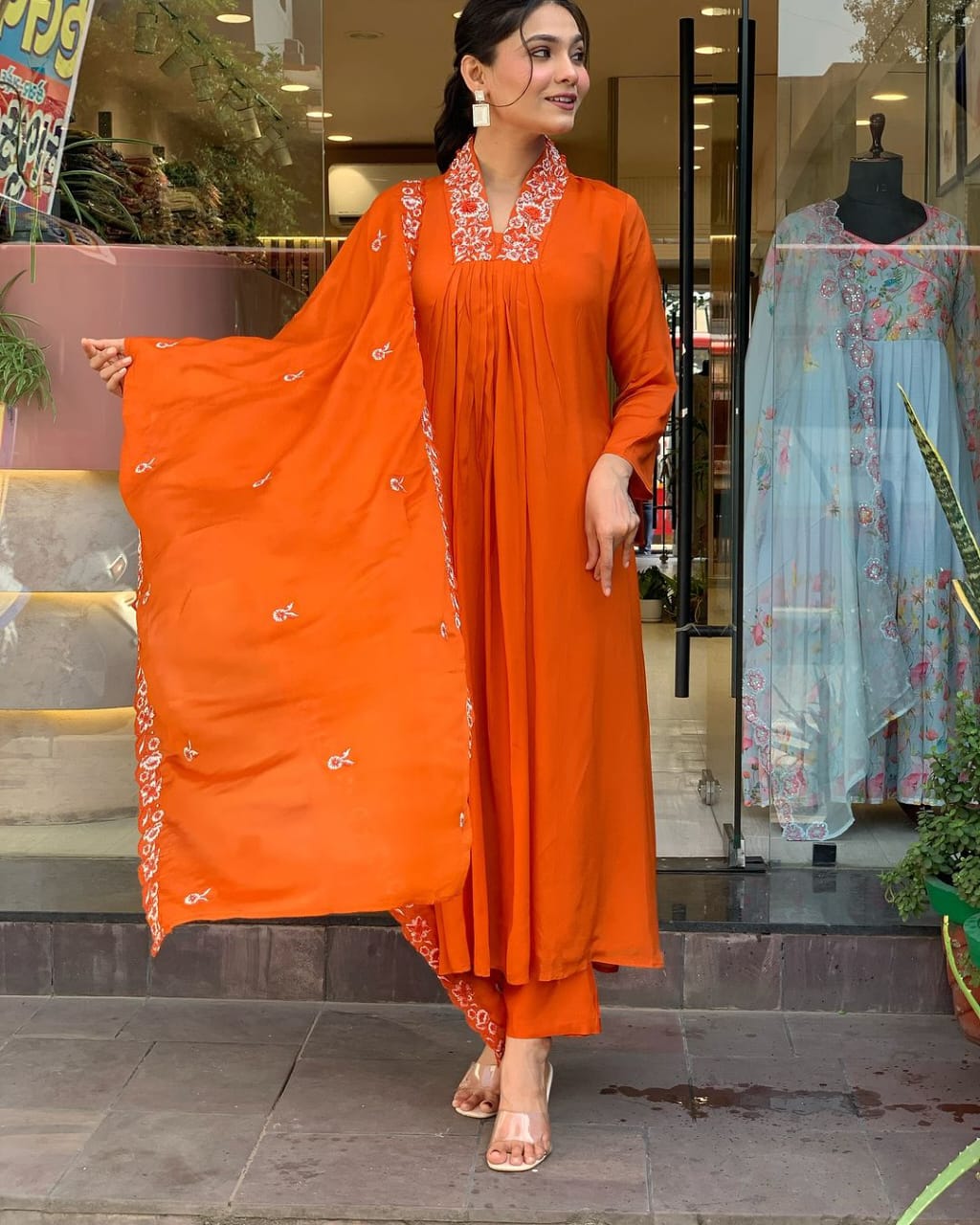 Biba Beautiful Cotton Fabric Kurti Pant With Malmal Dupatta(Orange)