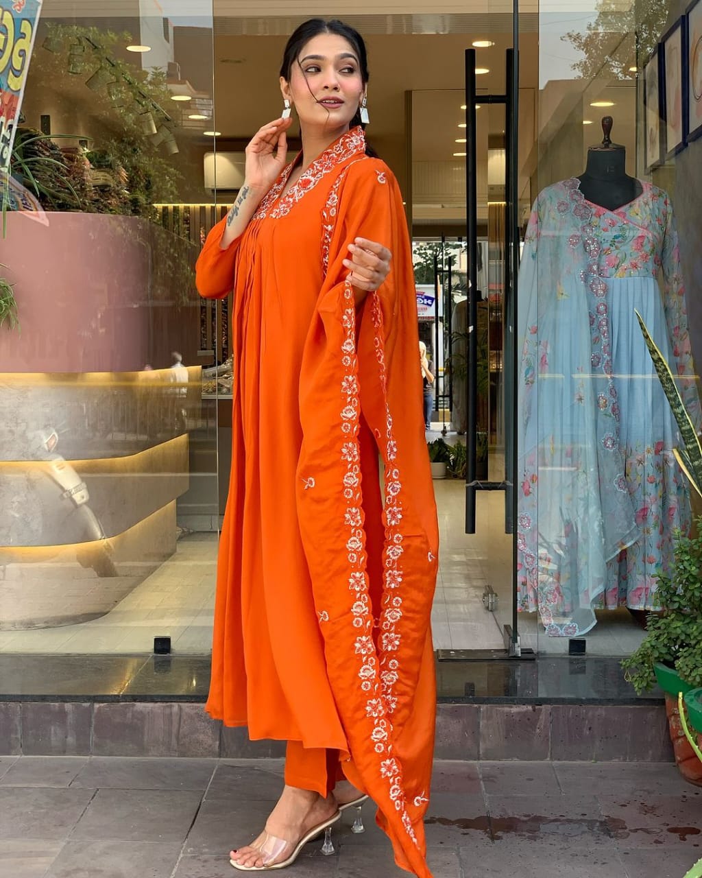 Biba Beautiful Cotton Fabric Kurti Pant With Malmal Dupatta(Orange)