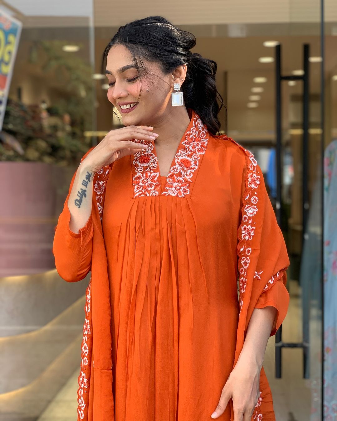 Biba Beautiful Cotton Fabric Kurti Pant With Malmal Dupatta(Orange)