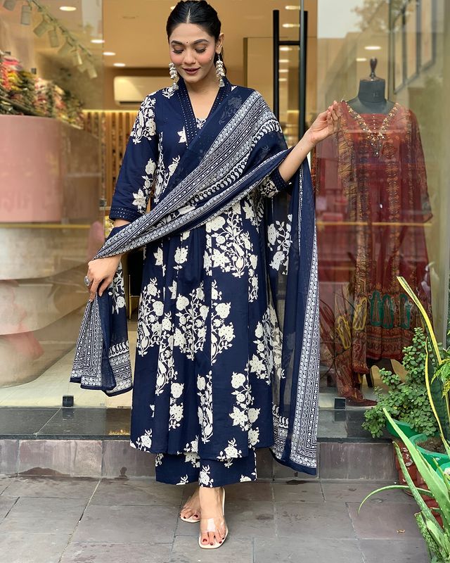 Biba Women Cotton Blue Kurta Pant And Dupatta Set