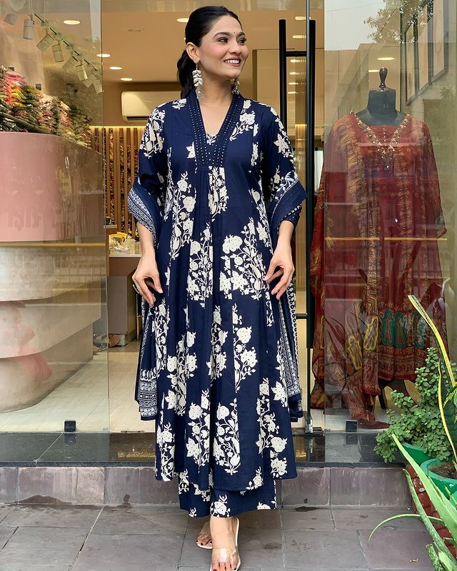 Biba Women Cotton Blue Kurta Pant And Dupatta Set