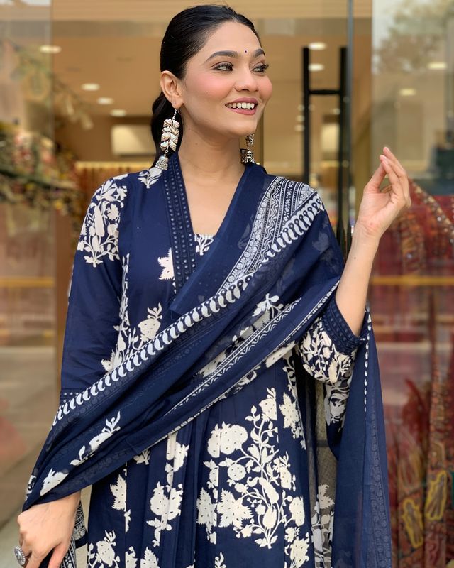 Biba Women Cotton Blue Kurta Pant And Dupatta Set