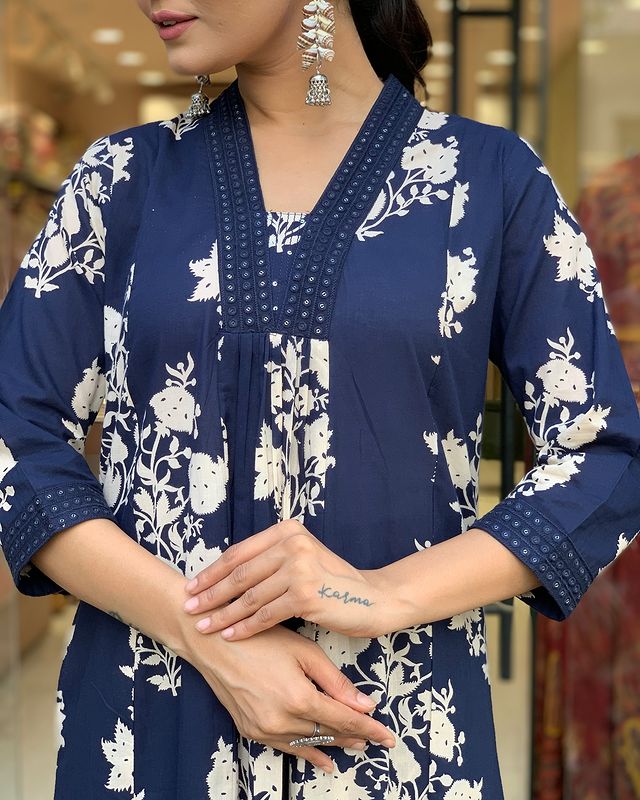 Biba Women Cotton Blue Kurta Pant And Dupatta Set