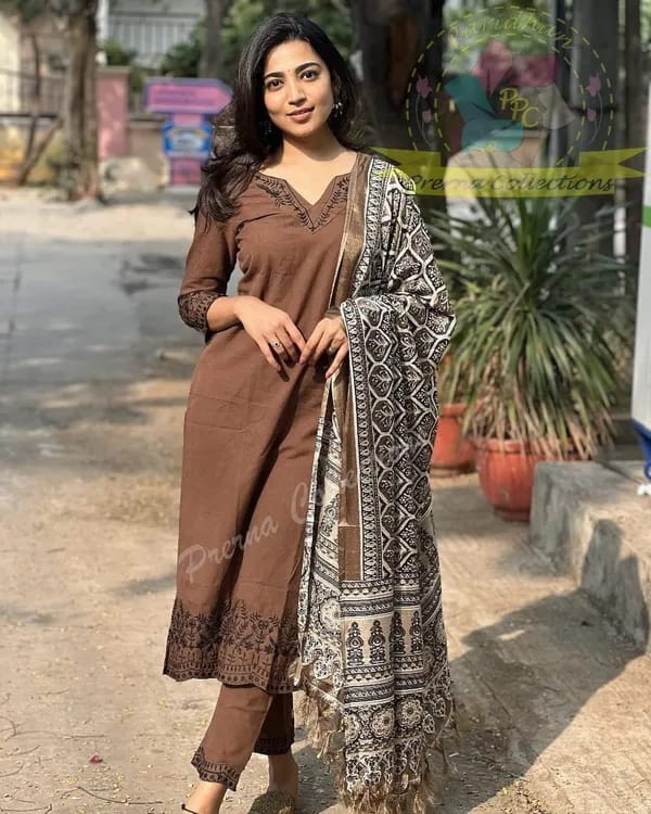 Biba Coffee Brown Embroidered Cotton Kurti With Pant And Khaddar Silk Digital Print Dupatta