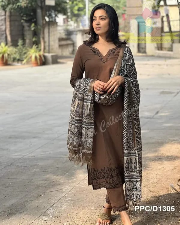 Biba Coffee Brown Embroidered Cotton Kurti With Pant And Khaddar Silk Digital Print Dupatta