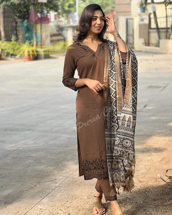 Biba Coffee Brown Embroidered Cotton Kurti With Pant And Khaddar Silk Digital Print Dupatta