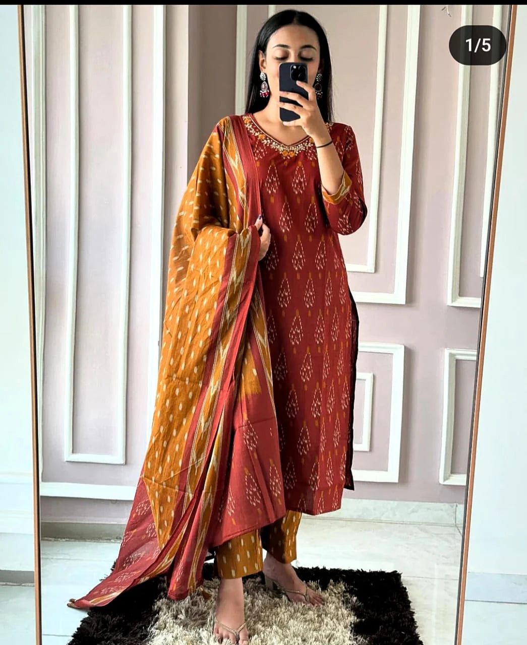 Biba Ikkat Print With Kurti Pant & Dupatta Set For Women