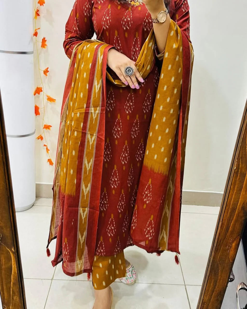 Biba Ikkat Print With Kurti Pant & Dupatta Set For Women