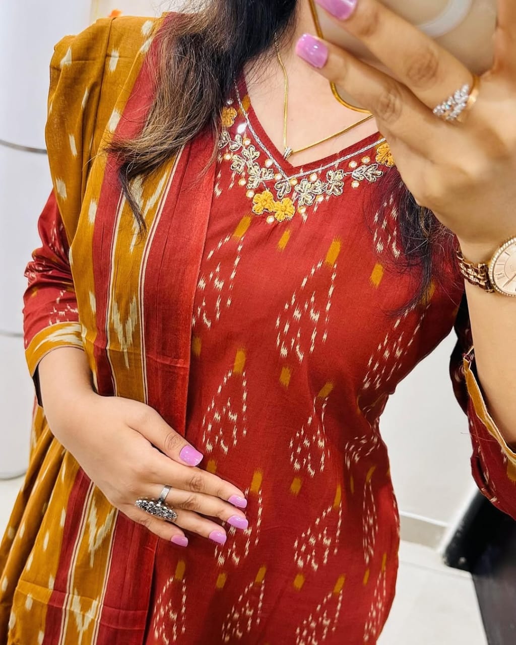 Biba Ikkat Print With Kurti Pant & Dupatta Set For Women