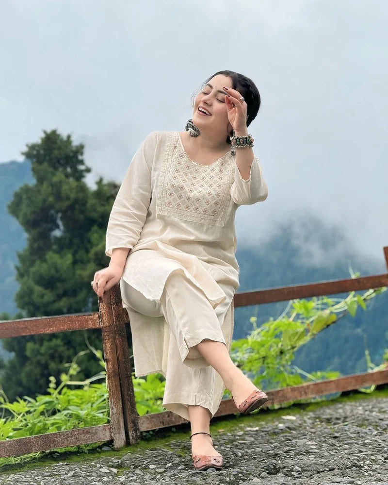 Biba Off White Embroidered Cotton Kurta And Pant Set