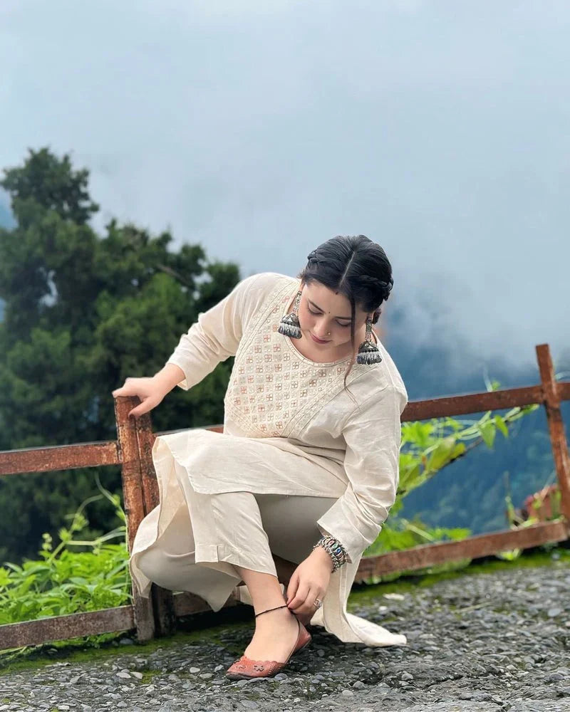 Biba Off White Embroidered Cotton Kurta And Pant Set
