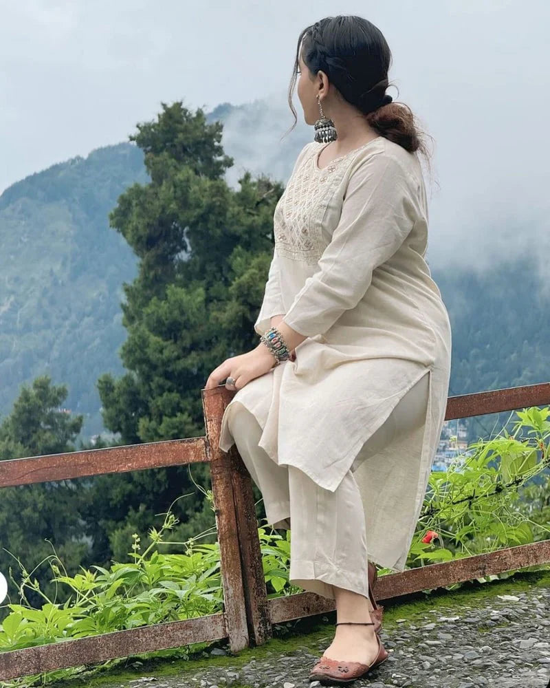 Biba Off White Embroidered Cotton Kurta And Pant Set