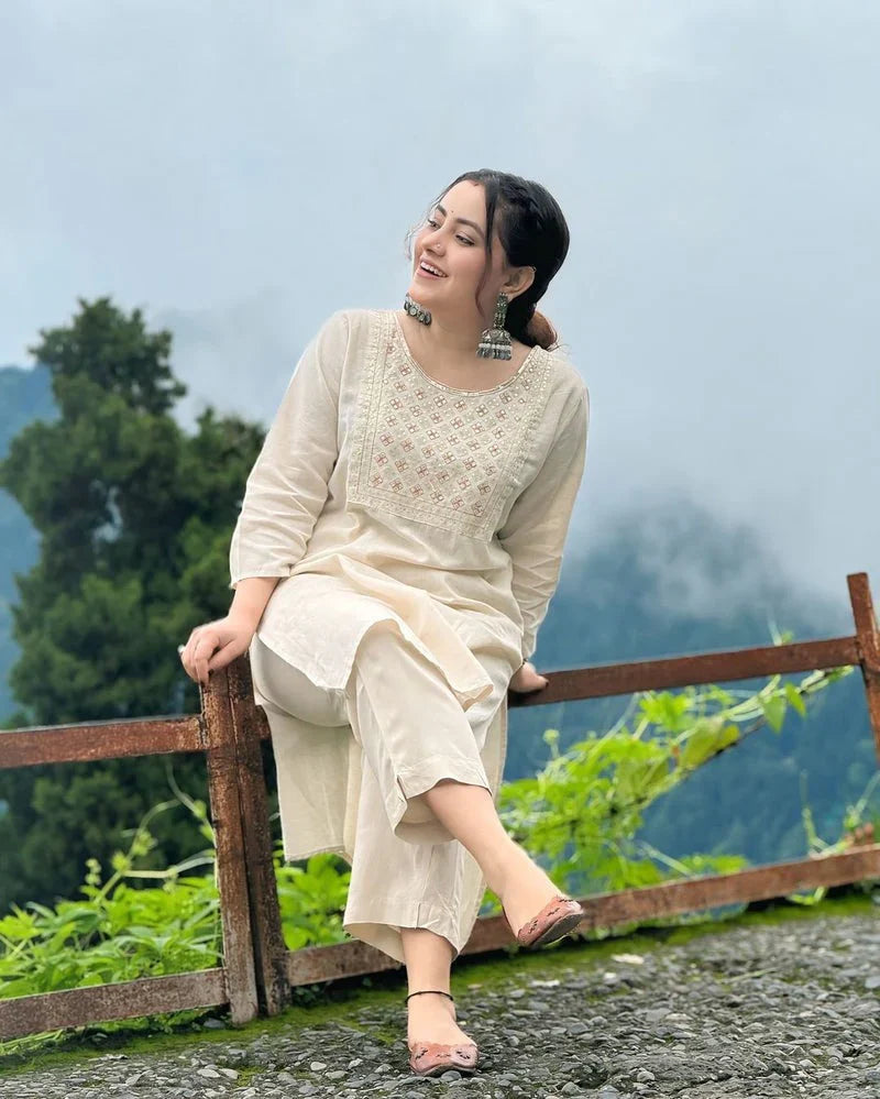 Biba Off White Embroidered Cotton Kurta And Pant Set