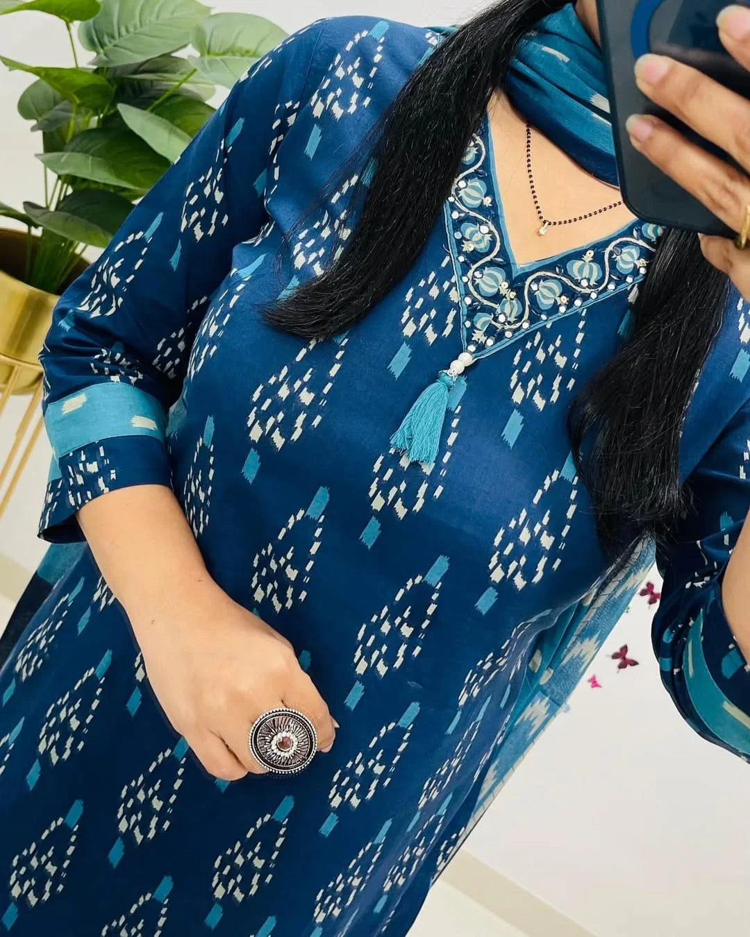 Biba Ikkat Print With Kurti Pant & Dupatta Set For Women( Blue )
