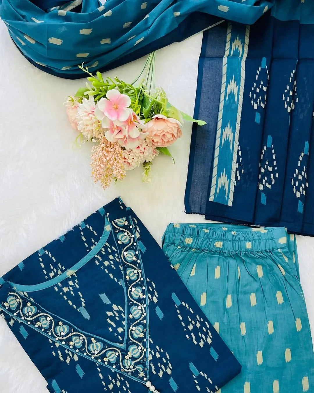 Biba Ikkat Print With Kurti Pant & Dupatta Set For Women( Blue )