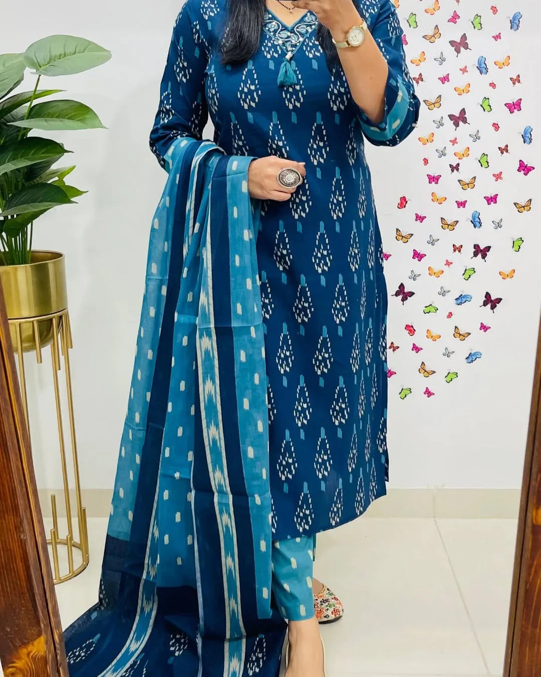 Biba Ikkat Print With Kurti Pant & Dupatta Set For Women( Blue )