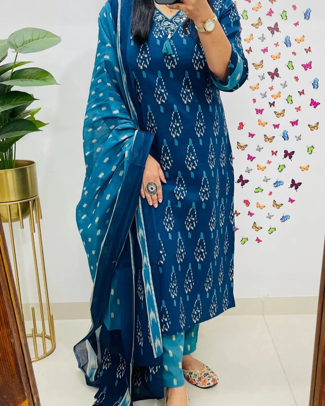 Biba Ikkat Print With Kurti Pant & Dupatta Set For Women( Blue )