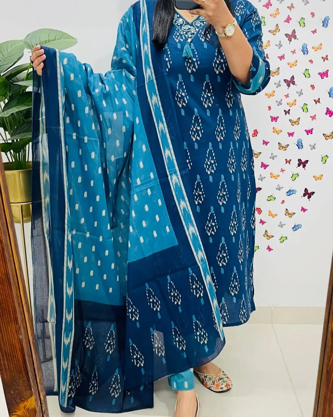 Biba Ikkat Print With Kurti Pant & Dupatta Set For Women( Blue )