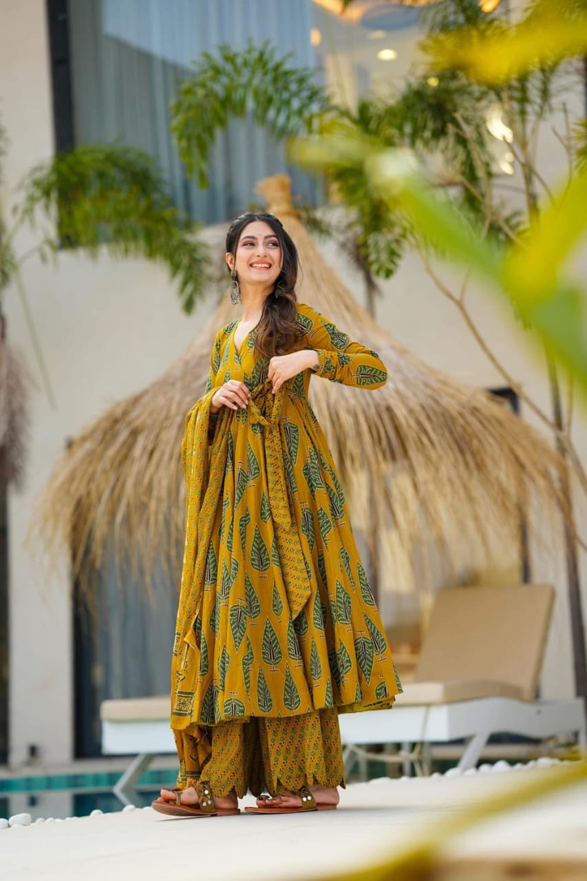 Biba Elegant Mustard Green Ethnic Ensemble With Leaf Motif