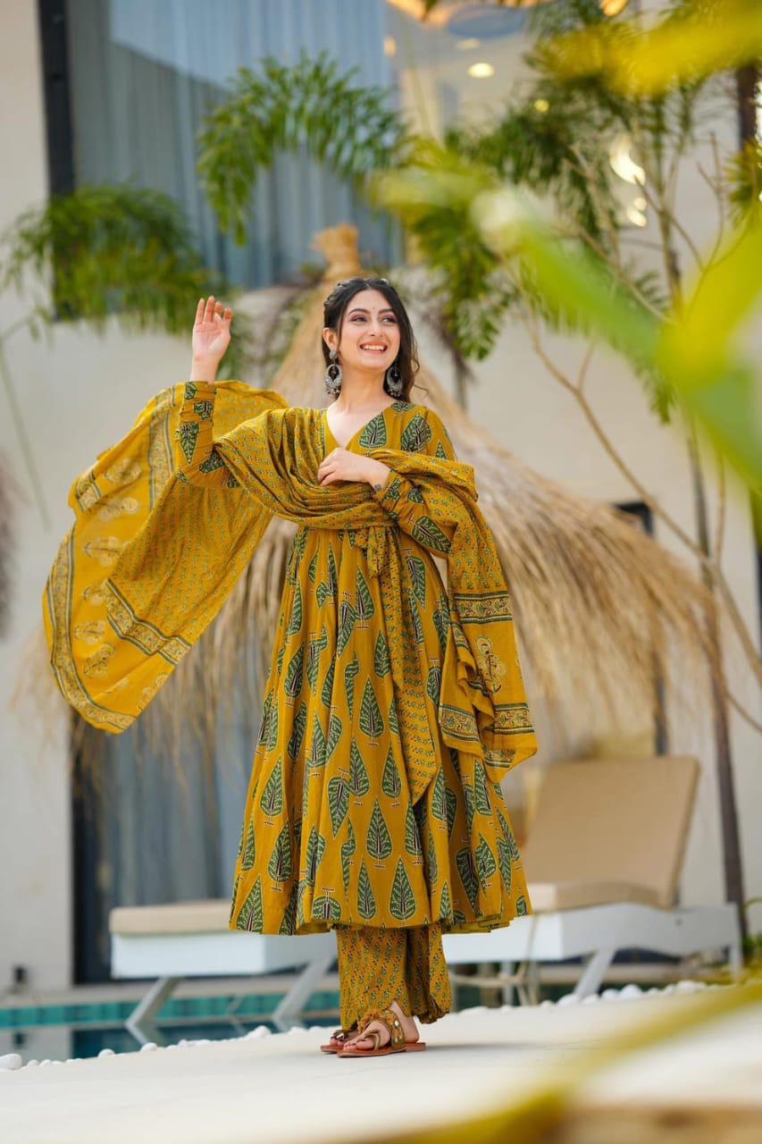 Biba Elegant Mustard Green Ethnic Ensemble With Leaf Motif