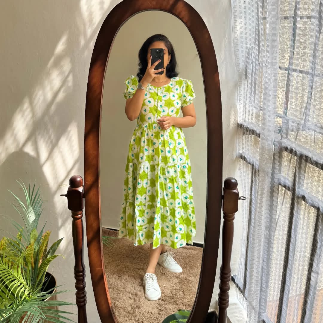 Biba Fresh Lime Green Floral Puff-Sleeve Midi Dress