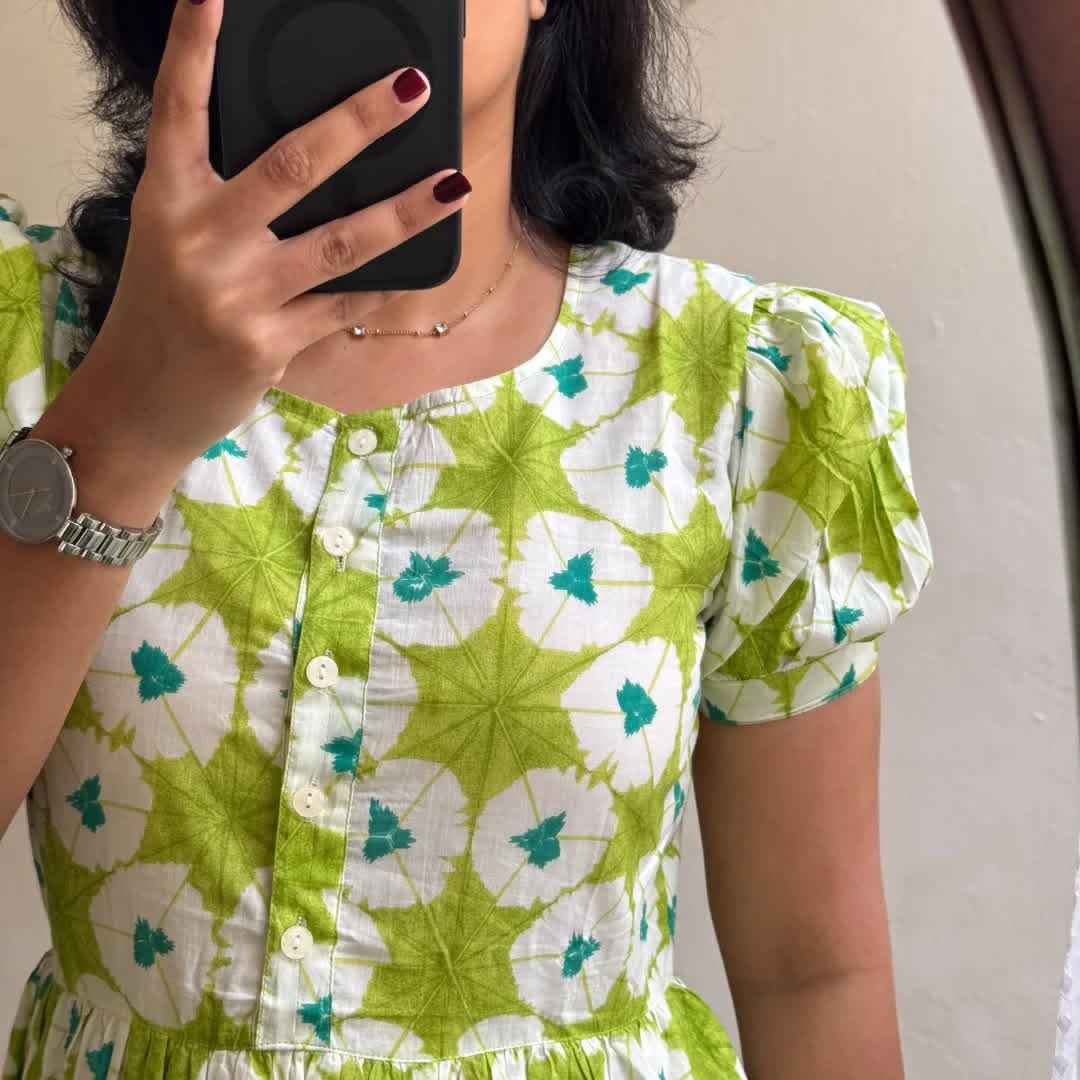 Biba Fresh Lime Green Floral Puff-Sleeve Midi Dress