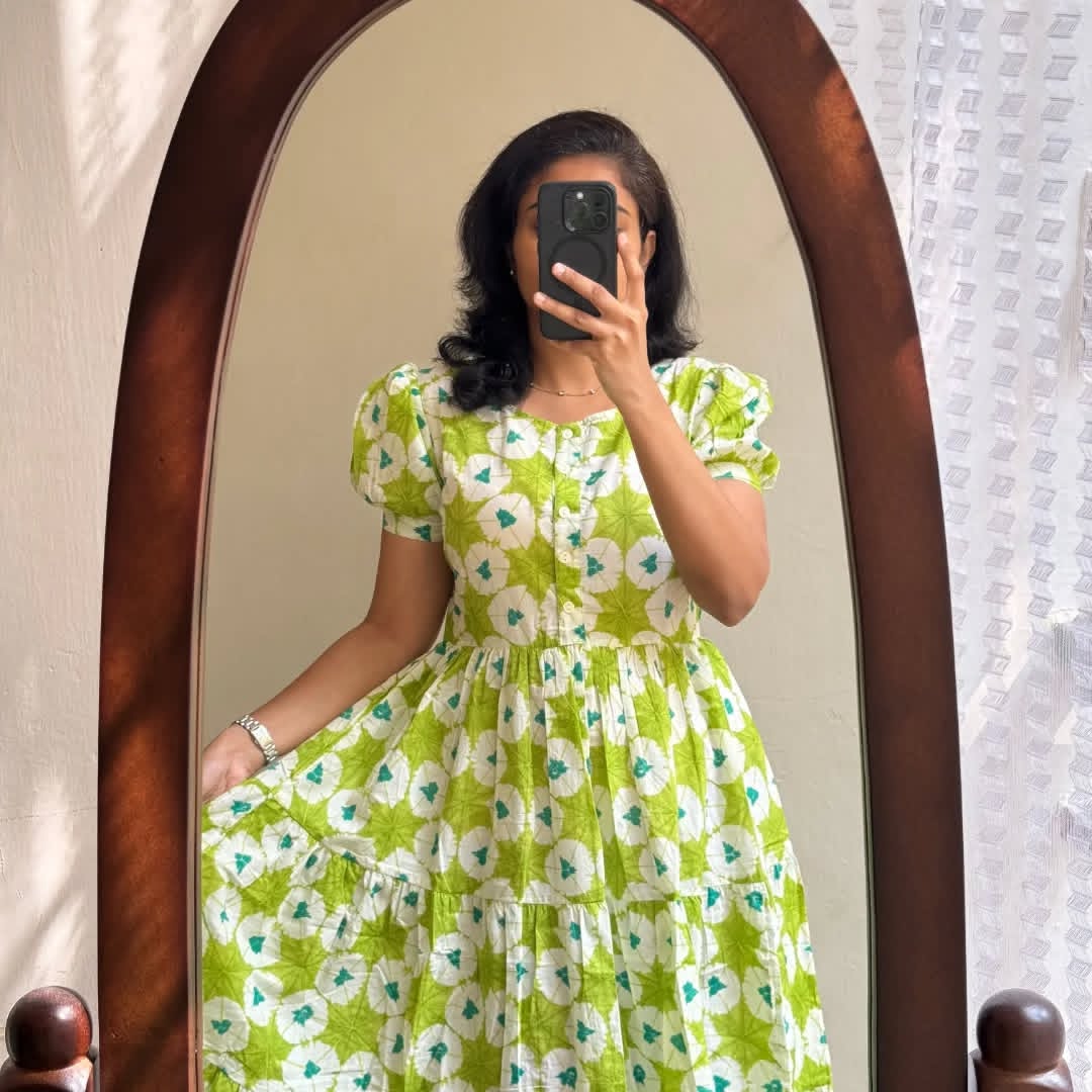 Biba Fresh Lime Green Floral Puff-Sleeve Midi Dress