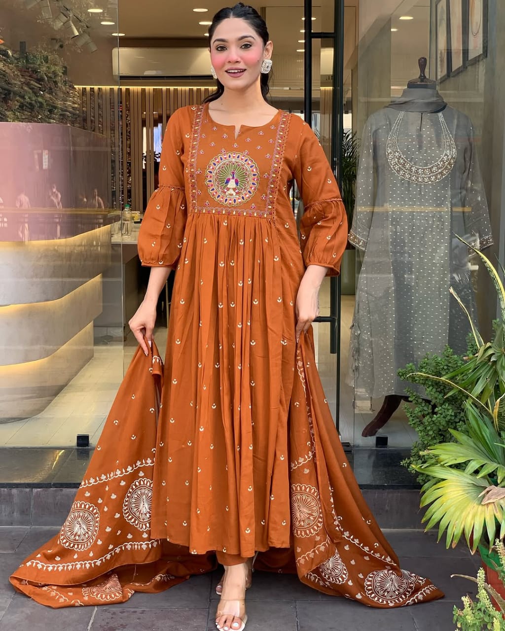 Biba Elegant Rust Orange Anarkali Suit With Intricate Embroidery