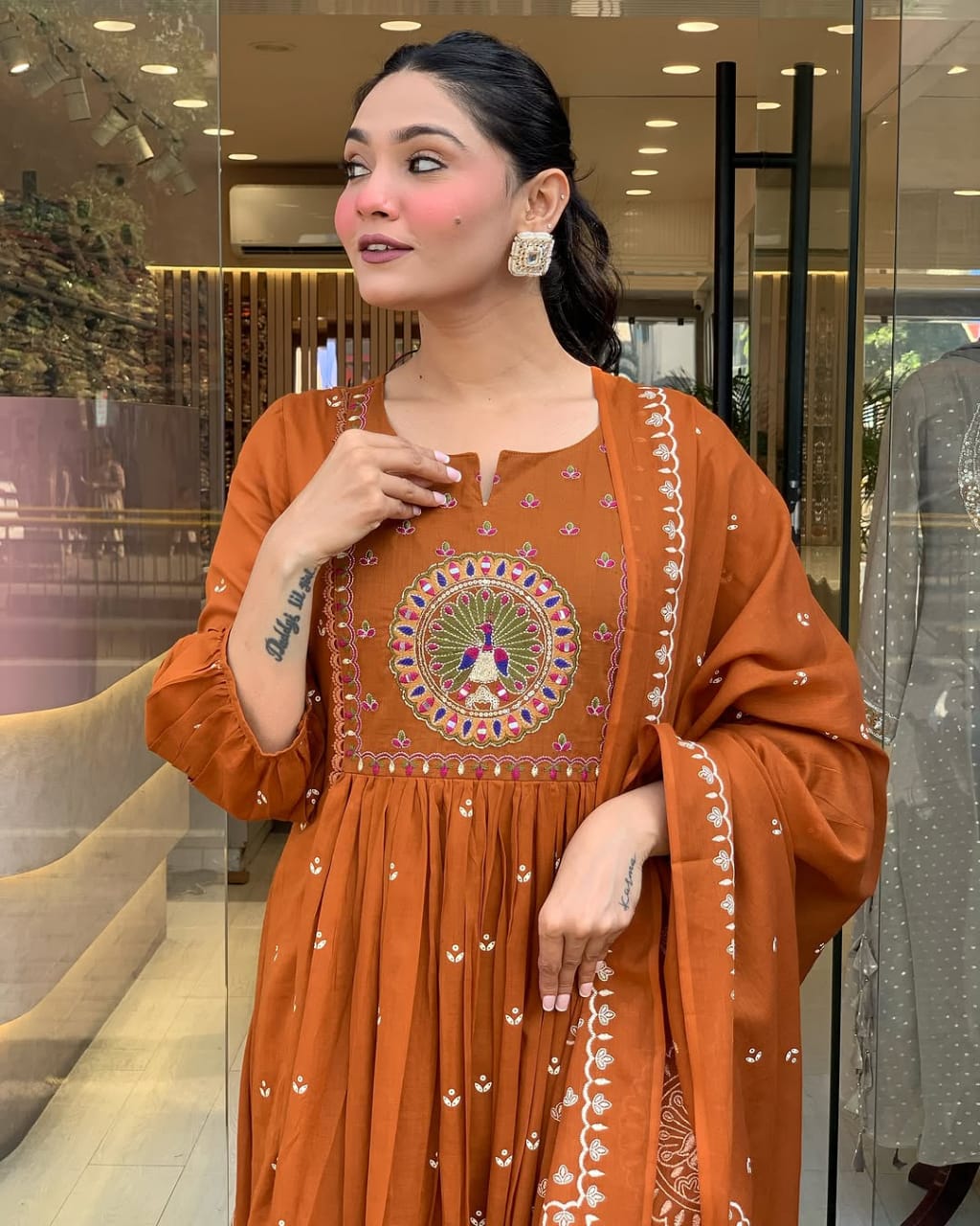 Biba Elegant Rust Orange Anarkali Suit With Intricate Embroidery