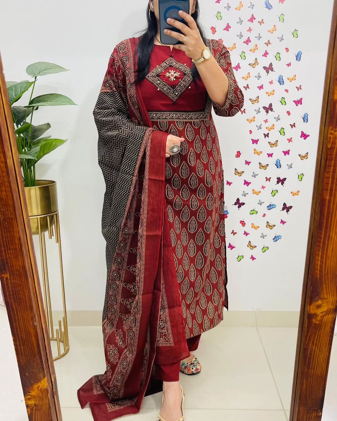 Biba Elegant Maroon Block Print Cotton Suit Set