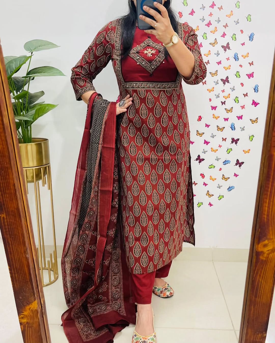 Biba Elegant Maroon Block Print Cotton Suit Set