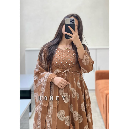 BIBA  Coffee Brown Mirror Work Anarkali Suit Set