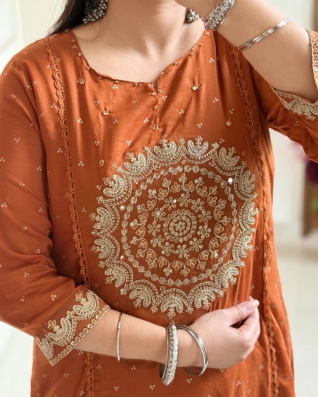 BIBA Rust Orange Embroidered Kurta Set with Dupatta