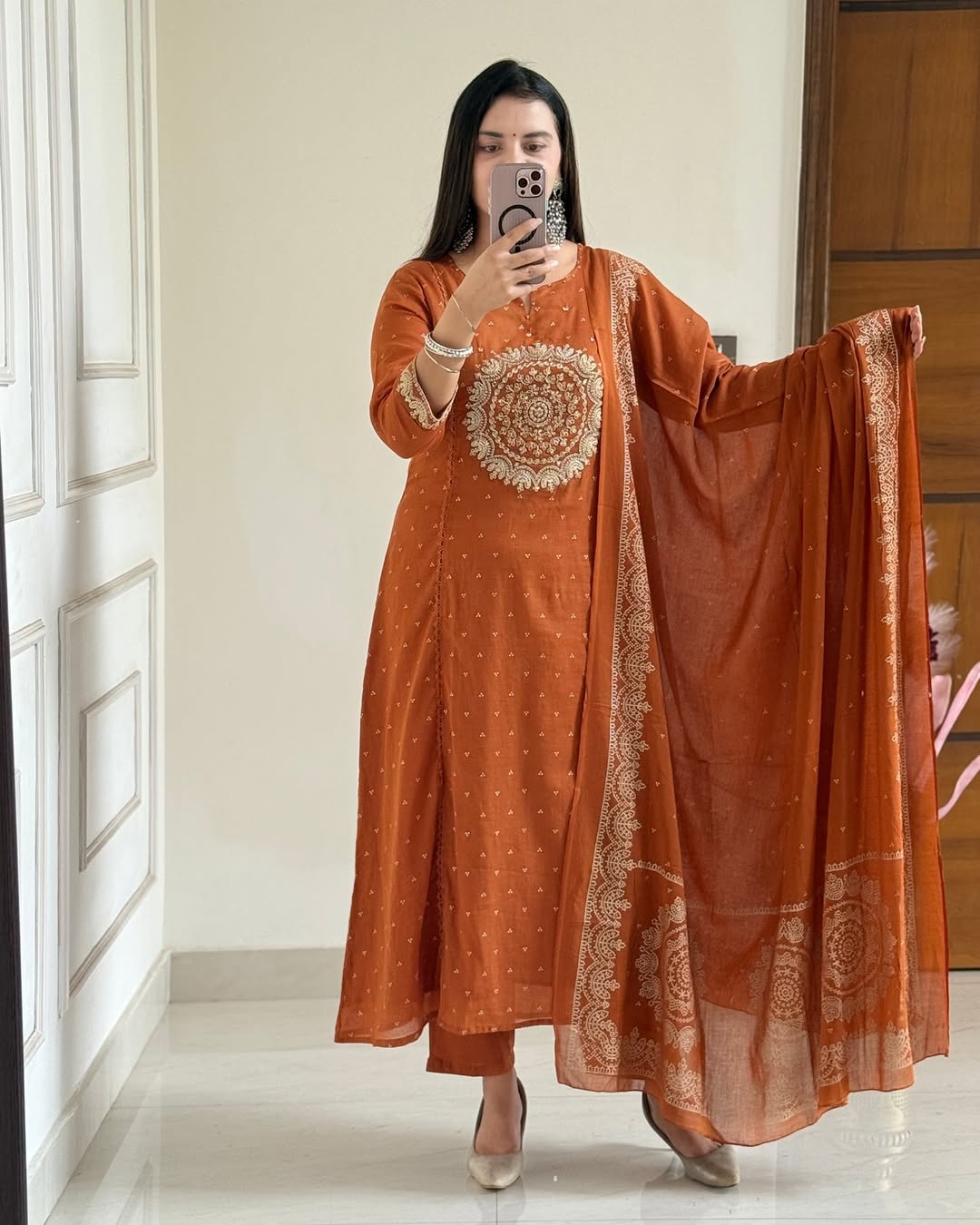 BIBA Rust Orange Embroidered Kurta Set with Dupatta