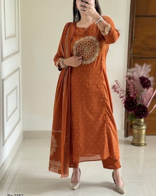 BIBA Rust Orange Embroidered Kurta Set with Dupatta