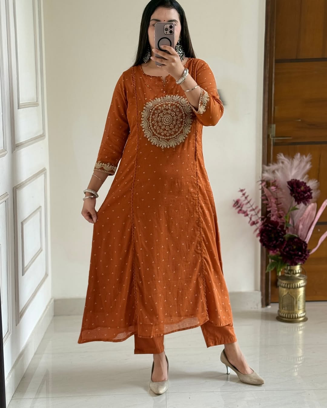 BIBA Rust Orange Embroidered Kurta Set with Dupatta