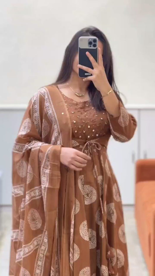 BIBA  Coffee Brown Mirror Work Anarkali Suit Set