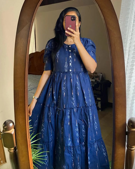 Biba Kurta Blue Ikat Cotton Flair Middy Gown For Women