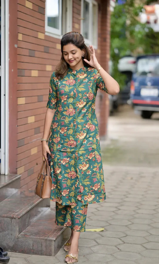 Biba Elegant Green Floral Kurta Set For Women